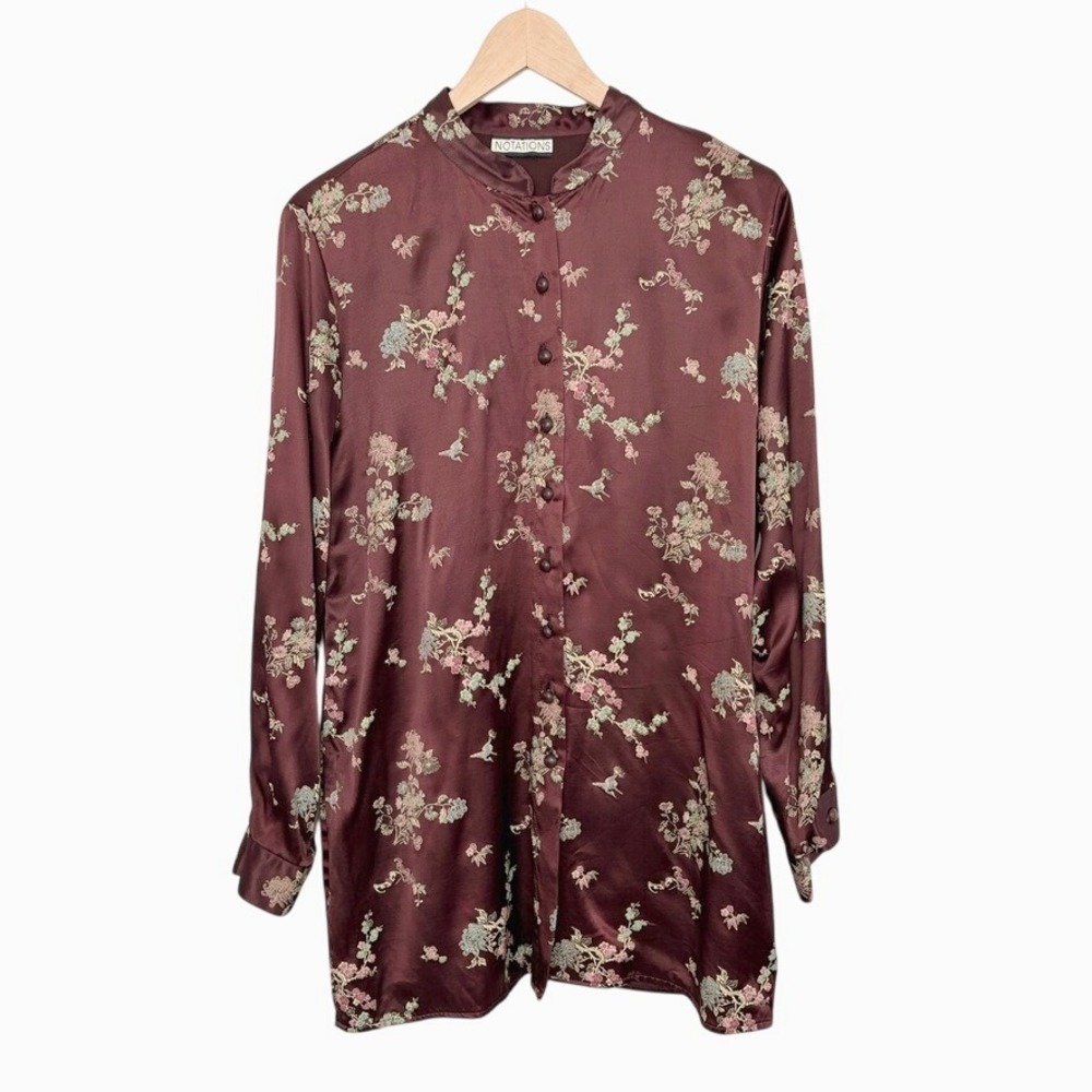 NOTATIONS Burgundy Floral Chocolate Brown Kimono Button Up Long Line Satin Top M